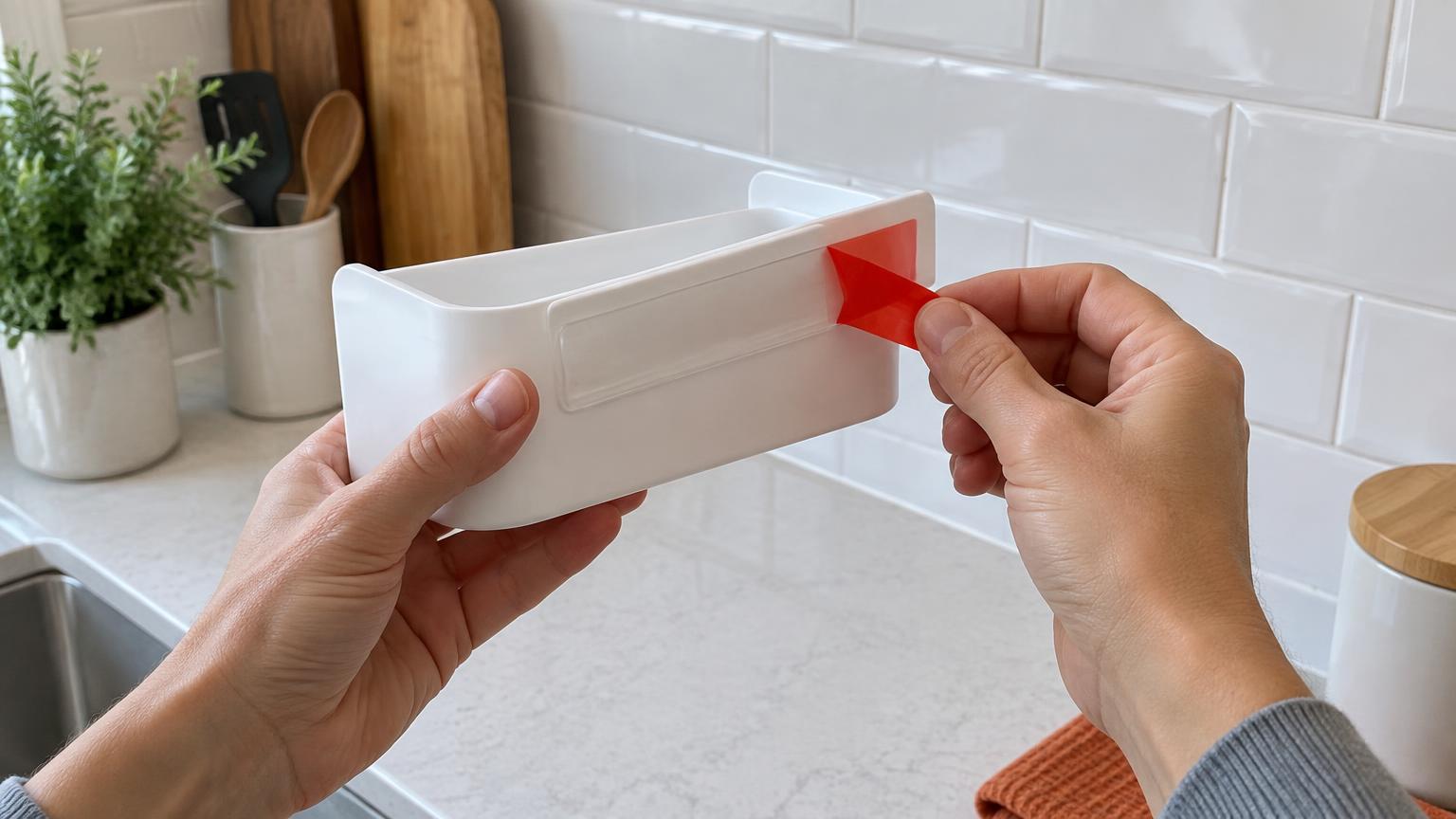 Hands applying transparent mounting tape to a lightweight kitchen organizer